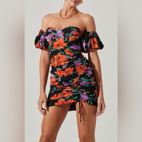 ASTR the Label Floral Ruched Off the Shoulder Minidress Size L - Black/Red - NWT - Picture 1 of 14